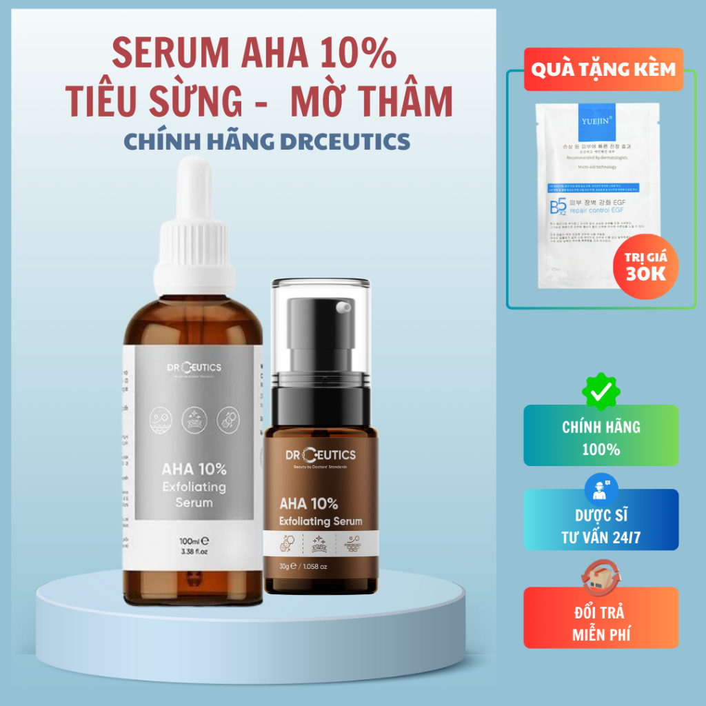 Serum DrCeutics AHA Glycolic, Laclic 10% Exfoliating 30g Dưỡng Sáng Da