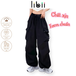 Quần dài nữ ống rộng túi hộp LIBII có dây rút quần dù cạp cao cá tính thoáng mát có độ co giãn QD4