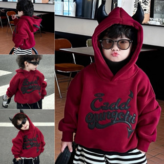 BABYBUYvip - Áo hoodie mỏng đỏ lót bông mỏng mềm nhẹ phối chữ da và sừng đen cho bé trai và bé gái .
