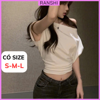 [CÓ SIZE] Áo Croptop Tay Ngắn Trễ Vai Cánh Dơi RANSHI Phối Nhún Eo Hack Dáng Siêu Xinh Chất Thun Cotton Mềm Mại