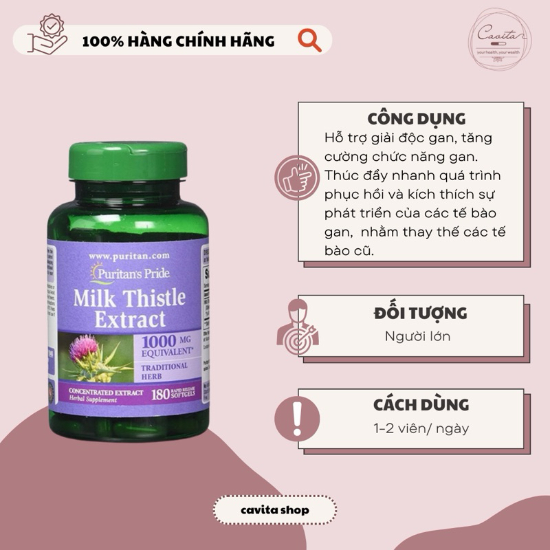 Viên uống Puritan Milk Thistle Extract 1000mg hỗ trợ giải độc gan, tăng cường chức năng gan (180 viê
