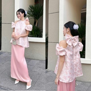 M827 - Set áo gấm phối nơ lưng kèm chân váy lụa tay bồng