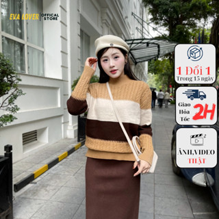  Áo len nữ Evalover mã 502 họa tiết kẻ ngang phối vặn thừng cổ cao 3p chất len ép dầy dặn 