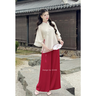 Bộ pháp phục nữ chính hãng Giian áo tơ thiết kế cổ trụ tay xếp tầng họa thiết thêu cao cấp phối quần suông AO1496 QU0096