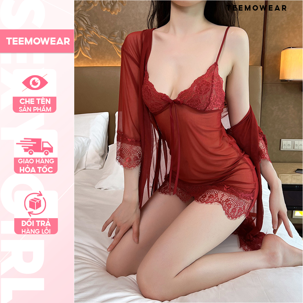 Set váy ngủ + áo choàng ren xuyên thấu gợi cảm cao cấp DN06