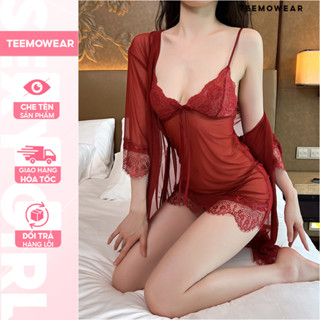 Set váy ngủ + áo choàng ren xuyên thấu gợi cảm cao cấp DN06