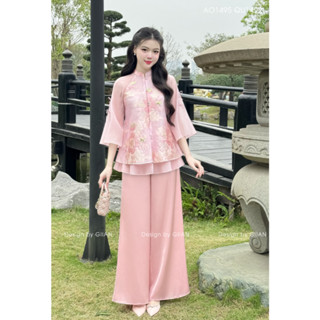 Pháp phục nữ chính hãng Giian thiết kế áo cổ trụ tay loe đính nơ hoạ tiết thêu nổi đính ngọc cao cấp AO1495 QU1493
