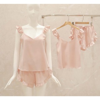 Bộ đồ ngủ  HÀNG CAO CẤP  Bộ hai dây nhún bèo chất lụa mền mịn, độ mướt tự nhiên, không nhăn mặc cực thích