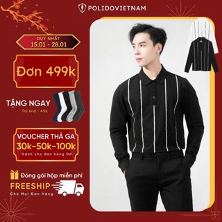 Áo polo nam dài tay in sọc kẻ vải cotton thoáng mát dáng slim ôm nhẹ thời trang POLIDO