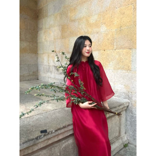 Set  Bộ Áo dài cách tân Truyền Thống màu Hồng Phấn Sắc (Đã kèm quần) Phong cách thanh lịch tiểu thư