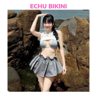 Set 3 Món Bikini Kín Đáo ECHU Phong Cách Cá Tính Gồm Áo Bikini + Quần Váy + Áo Ren Ngoài