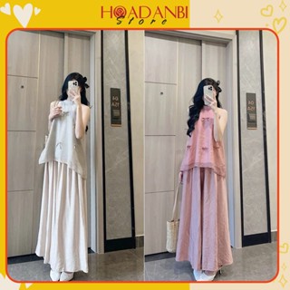 Set quần áo yếm, set bộ yếm voan tơ họa tiết kèm quần xuông đũi mềm tiểu thư sang chảnh