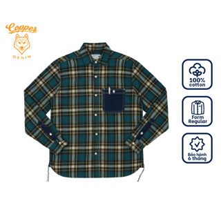 Áo Sơ Mi Nam Sọc Caro Xanh Phối Túi Denim - 100% cotton, form regular, tay dài - Copper Denim