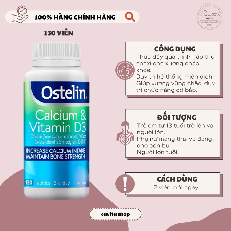 Ostelin Canxi & Vitamin D3 130 viên (canxi bầu)