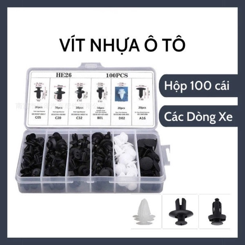 Hộp 100 Vít Nhựa Ô Tô Chống Rỉ Sét , Chốt Nở Nhựa Tháo Lắp Bảo Dưỡng Dễ Dàng Có Khả Năng Chống Lại S