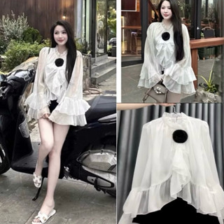 Set Bộ Áo Voan Bèo Bông Đen Tay Loe Sang Chảnh + Quần Short Đùi POLY LƯNG SIÊU CAO