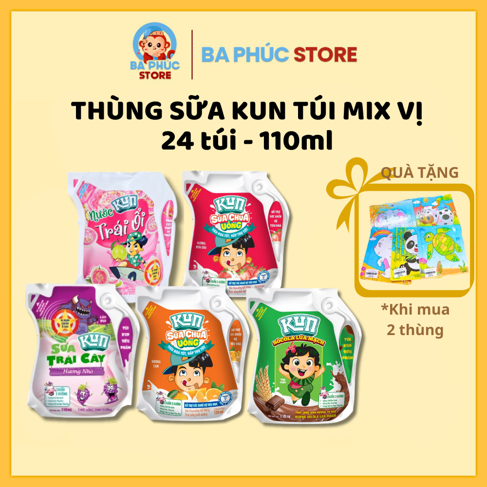[MUA 2 THÙNG TẶNG 1 QUÀ ] Thùng 24 túi Kun Mix đủ 5 vị Sữa Chua Uống KUN túi 110ml