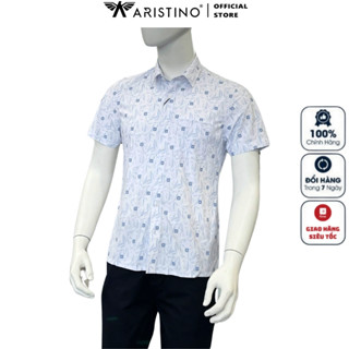 Áo sơ mi nam ngắn tay ARISTINO ASS052AS2 somi công sở cao cấp màu trắng in họa tiết vải polyester dáng buông tà bằng