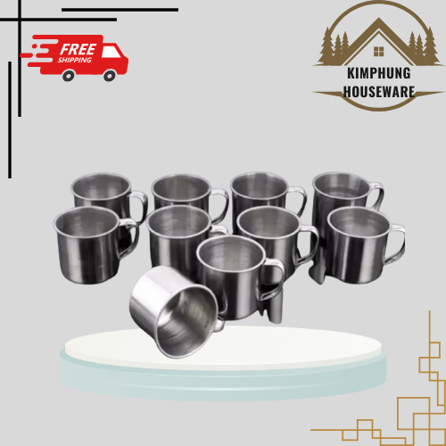 Combo 10 Ly inox có quai uống nước. Ca làm đá có quai bằng inox
