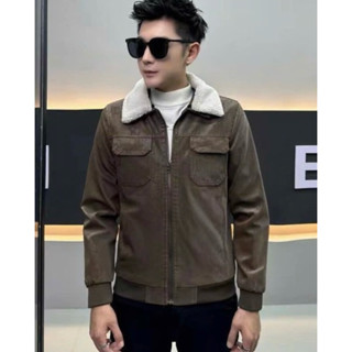 Áo khoác da nhung nam cổ lông tháo dời áo lót lông siêu ấm