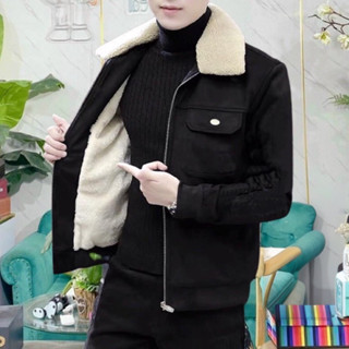 Áo Khoác Nam chất  Da Lộn Tay Thêu Chữ - hàng hai lớp lót lông, cổ lông tháo lắp dễ dàng