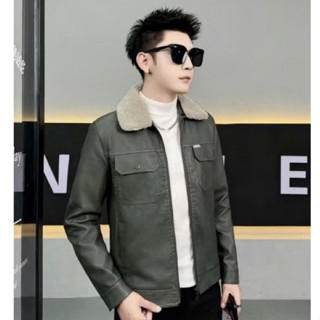 Áo khoác da nam cổ lông tháo dời lót lông siêu ấm mùa đông