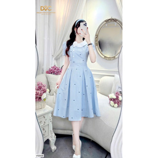 v5558 Váy thiết kế kẻ xanh cổ sen hoạ tiết nơ nhí xinh xắn tặng kèm cài hoa trà tiểu thư