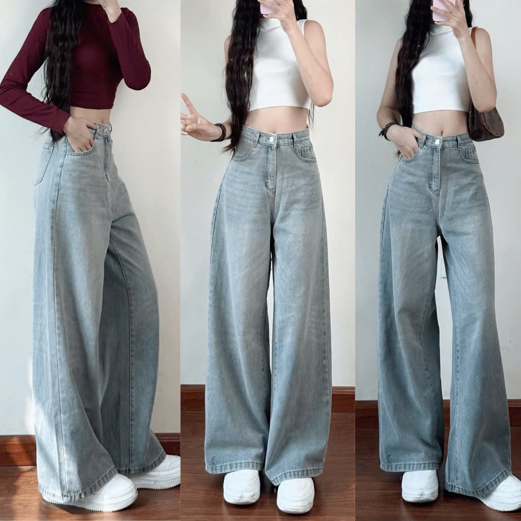 Quần Jeans Nữ Ống Rộng 247Store Cạp Cao, Màu Wash Thời Trang Mặc Đi Học Đi Làm Đi Chơi | BigBuy360 - bigbuy360.vn