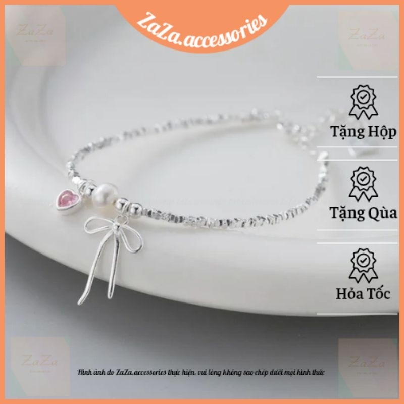  Vòng tay nữ Pink Strawberry Heart ZaZa - Lắc tay nữ chuỗi hạt charm tim đá dâu hồng nơ xinh xắn ZaZa.accessories 