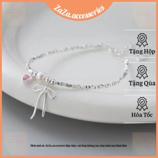 Vòng tay bạc nữ S925 - Lắc tay nữ bạc ý chuỗi hạt charm tim đá dâu hồng nơ xinh xắn ZaZa.accessories