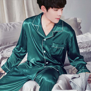  Đồ ngủ lụa pijama nam nữ dài tay quần dài trơn xanh lá viền trắng mặc nhà 