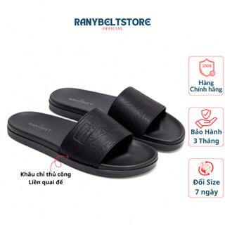 Dép da nam quai ngang RANYBELT, khâu chỉ thủ công liền quai, đế cao su chống trơn MãVQRT09, Đen