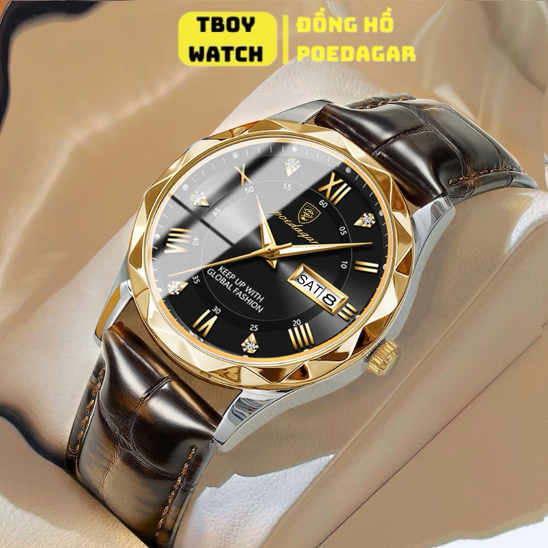 Đồng hồ nam POEDAGAR 615 dây da cao cấp chính hãng mặt kính cường lực, chống nước, dạ quang sang trọng | BigBuy360 - bigbuy360.vn