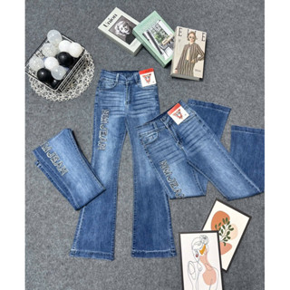 Quần Jeans Nữ Lưng Cao Ống Loe Dài Đắp Chữ Đính Đá Thời Trang Co Giãn 4 Chiều Tôn Dáng