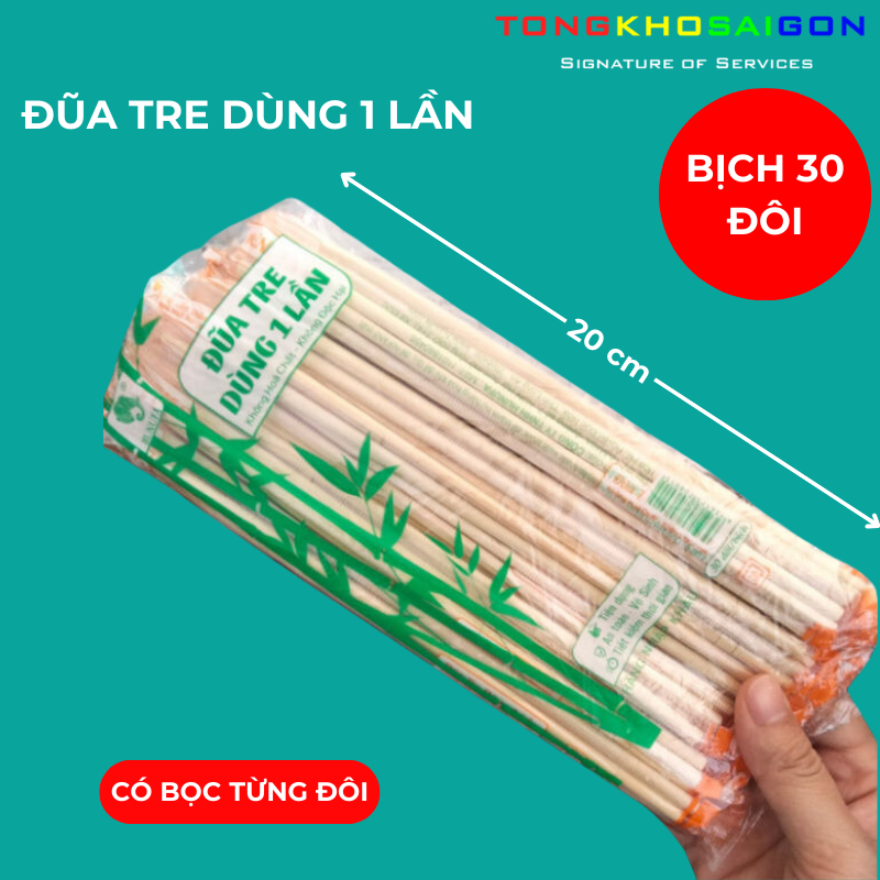 Bịch 30 đôi đũa tre dùng 1 lần, Bọc màng OPP, Tre tự nhiên, 100% không hóa chất, an toàn #TKSG......
