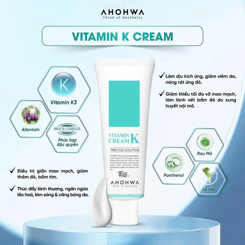 Vitamin K cream phục hồi da mỏng đỏ, nhạy cảm và phục hồi da nhiễm corticoid, size 12g