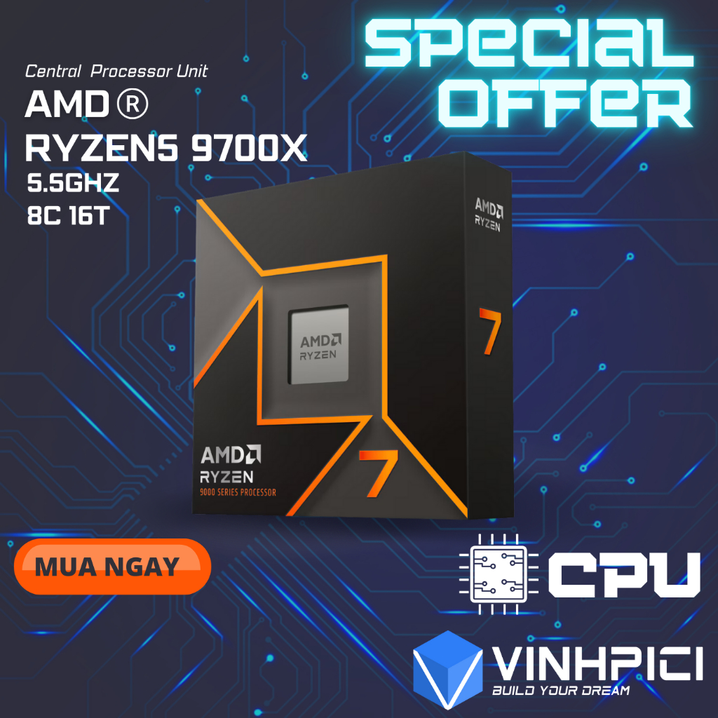 CPU AMD Ryzen 7 9700X ( 3.8GHz Boost 5.5GHz / 8 nhân 16 luồng / 40MB / AM5)