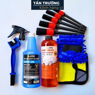 Combo 11 món rửa xe & rửa sên tại nhà, Nước rửa xe, tẩy đa năng, tẩy dầu nhớt & phụ kiện rửa xe