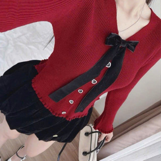 Áo kiểu Hàn Quốc cổ nơ tay ống loe chất len dáng ôm S348