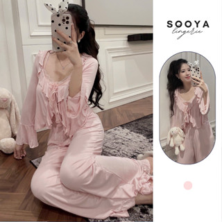  Set bộ đồ ngủ SOOYA 3 món lụa satin mềm mịn thiết kế bánh bèo tiểu thư nữ tính sang trọng N049 