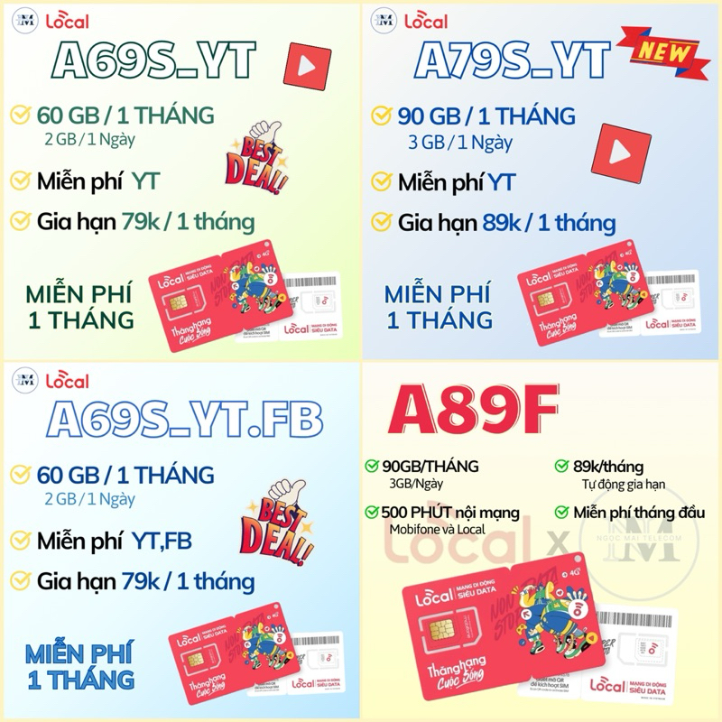 Sim [Vật lý] 4G Local Mobi A69 - A79 - Không giới hạn YT. Miễn phí tháng đầu. Tự chọn số đẹp