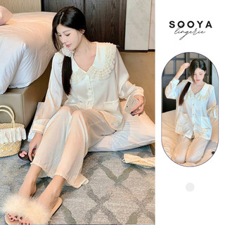 Bộ đồ lụa kem cổ sen tiểu thư SOOYA dáng dài tay cao cấp mềm mại thanh lịch mặc nhà [N047] [N124]