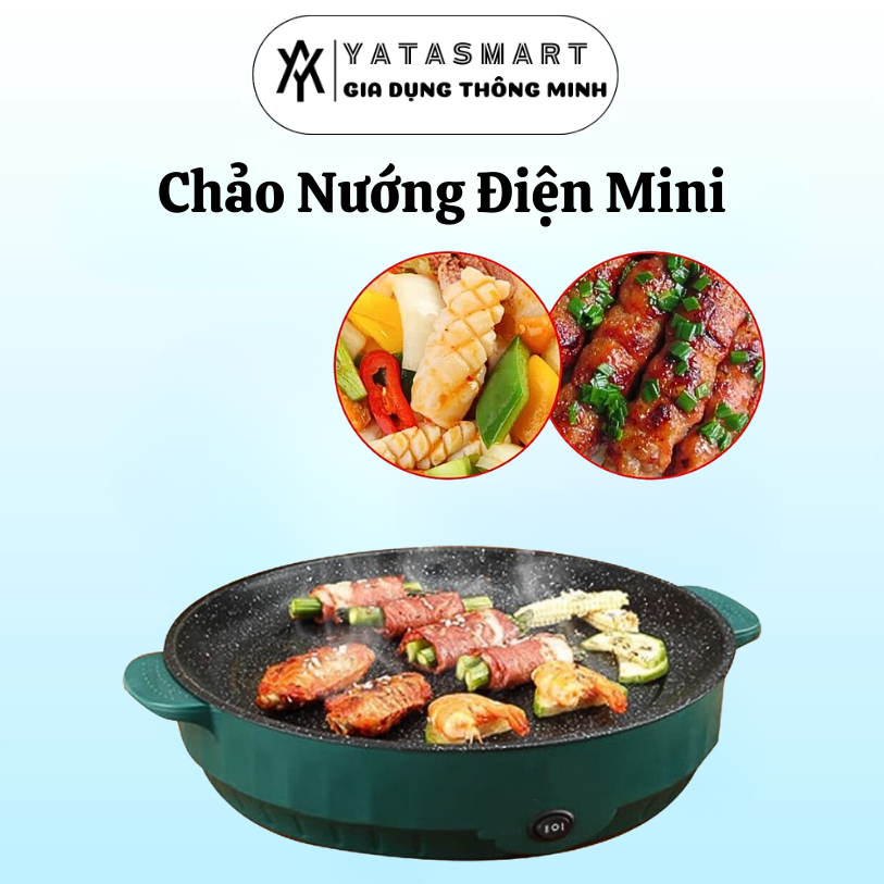 Chảo Nướng Điện Mini Đa Năng 26cm [Công Suất 600W]_Bếp Nướng Điện Chống Dính Vân Đá Cao Cấp,