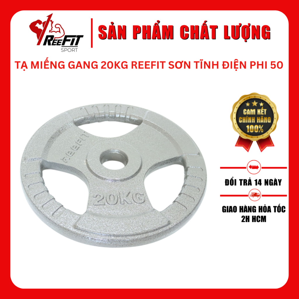 Tạ Đĩa Gang , Miếng Gang  20kg Tĩnh Điên Reefit Phi 50 - Bánh Tạ Tập Gym, Dành Cho Thanh Đòn Olympic