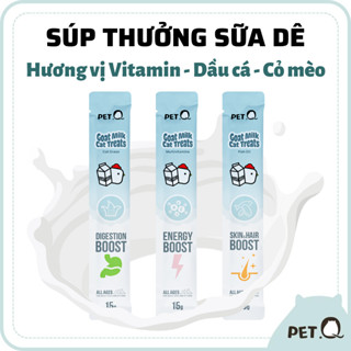 Súp thưởng cho mèo PetQ, Súp thưởng sữa dê cao cấp, Vitamin, Dầu cá, Cỏ mèo, Ngon miệng, Dinh dưỡng, Mọi tuổi mèo, 15g