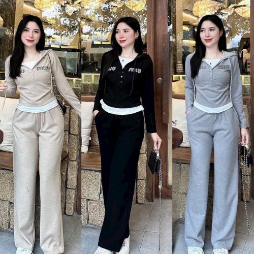 Set bộ dài tay nữ áo len thỏ có mũ kèm quần suông ống rộng thu đông bộ mặc nhà