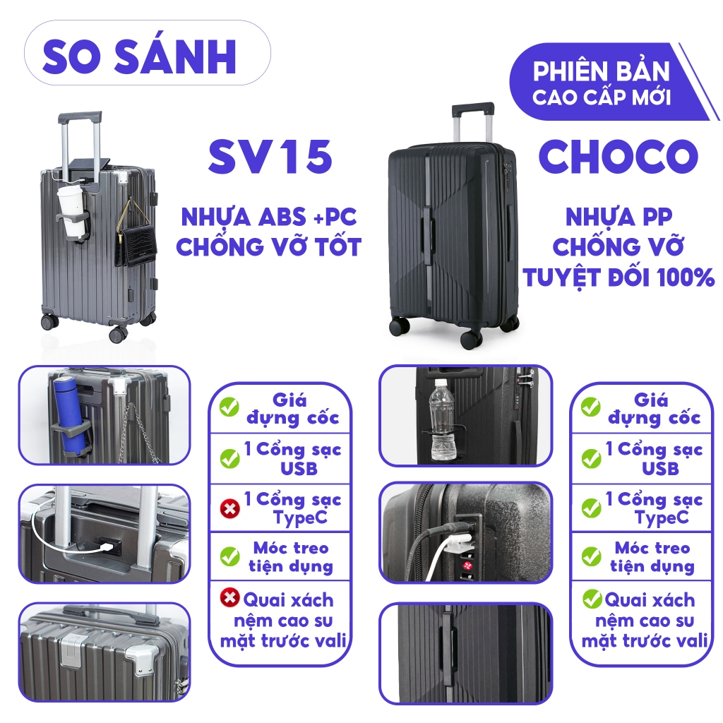 Vali kéo du lịch thời trang SUNNY SV15/CHOCO tích hợp nhiều tính năng (size 20/24/28) | BigBuy360 - bigbuy360.vn
