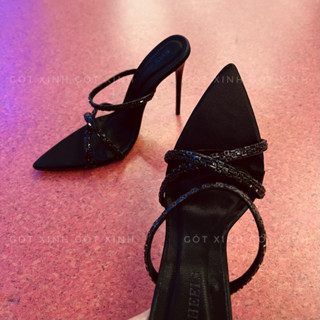  GÓT XINH- Dép cao gót nữ quoai đá chéo ngang chắc chân sang chảnh cao 7phân đến 12phân  Đen  giày shoes DéP guốc sandal 