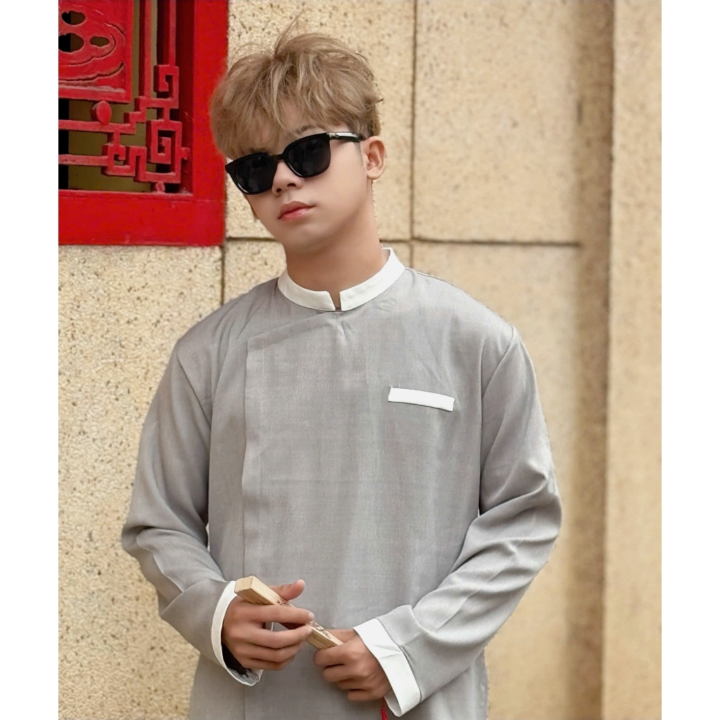 Áo Dài Nam Cách Tân Nút, Áo Dài Tết Nút Bấm Phối Viền Trắng Basic, Thanh Lịch, Truyền Thống Mr Smile  99 AD05