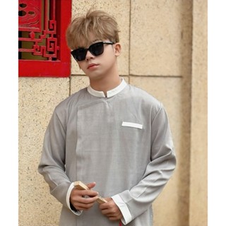 Áo Dài Nam Cách Tân Nút, Áo Dài Tết Nút Bấm Phối Viền Trắng Basic, Thanh Lịch, Truyền Thống Mr Smile  99 AD05